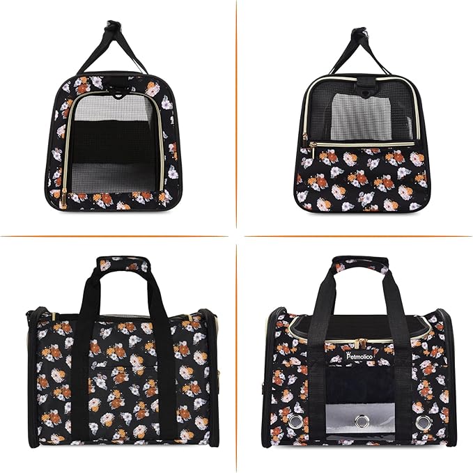 Petmolico Cat Carrier Dog Carrier, Airline Approved Soft Pet Travel Carrier with 3 Open Doors Mesh Windows for Cats Puppy 16 lbs(Large,Orange Flower)