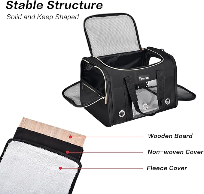 Petmolico Cat Carrier Soft-Sided Pet Bag for Small Medium Cats Puppies 16LBs - Airline Approved Pet Travel Carrier 3 Open Doors (Medium,Black)