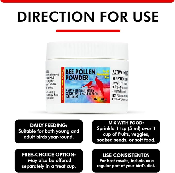 Morning Bird Bee Pollen Powder for Birds 1 Oz – Complete Nutrition with Protein, Amino Acids & Immune Support – Bird Vitamin & Mineral Supplement for Daily Health & Wellness
