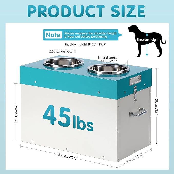 Large Elevated Dog Bowls with Storage,15" H Raised Bowl for Dogs 2-in-1 Airtight Pet Food Storage Holds Up to 45 Lbs2 Removable Stainless Steel Bowls for Medium & Large Dogs