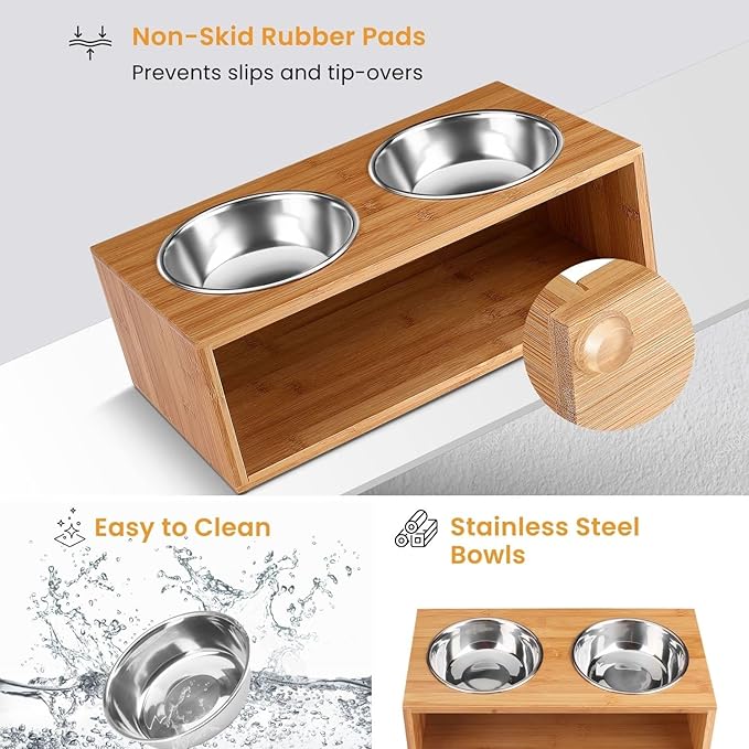 Flexzion Elevated Dog Bowl Stand Raised Dog Bowl Holder Pet Feeding Station Dish Riser 14 Oz 4.7-Inch Tall Food and Water Platform Stainless Steel Raised Food Bowl for Dogs and Cats with Wooden Stand