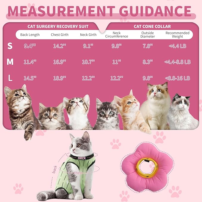 EMUST Cute Cat Recovery Suit and Adjustable Flower Cone Collar Set - Soft Surgical Suit for Abdominal Wounds, Cat Cones After Surgery for Female Kittens Under 4lb (Green)
