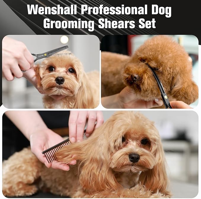 Professional Dog Grooming Scissors Set - 6.5" Thinning, 7" Straight, 7" Up-Curved, 7" Down-curved Scissors and Comb for Dog Cat Pet (Black)