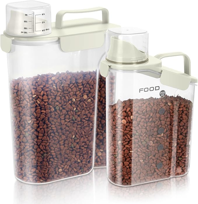 Dog Food Storage Container, Upgraded Large Nozzle BPA-free, 3-5 LBS Plastic Pet Food Storage Containers, With 4 Sealed Clasps, 1 Measuring Cup and Handle (Beige-A)