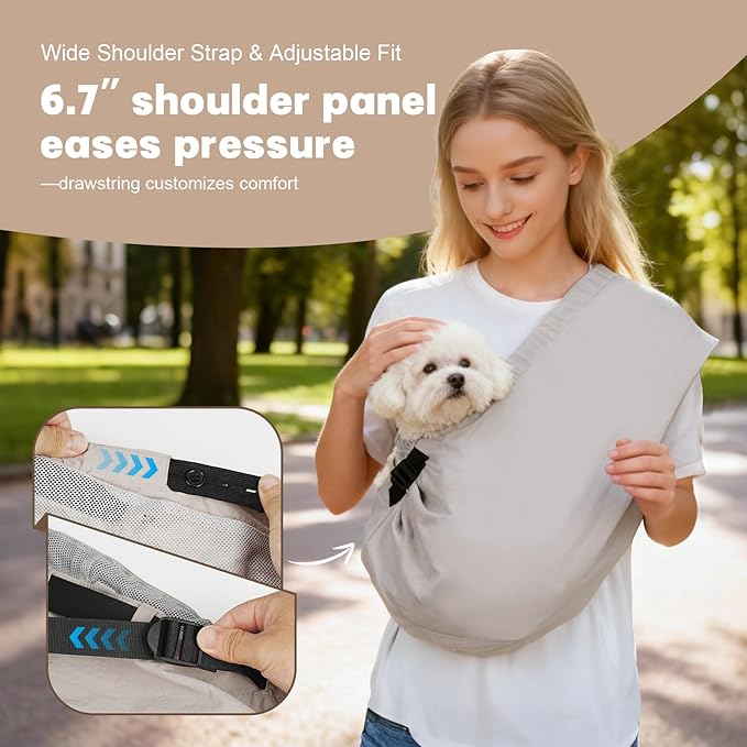Dog Carrier Sling for Small Dogs Cats – Hands Free Pet Sling Carrier with Mesh Lining Pocket & Safety Hook, Adjustable Cat Dog Front Carrier for Travel, Daily Walk, Outdoor,Grey L