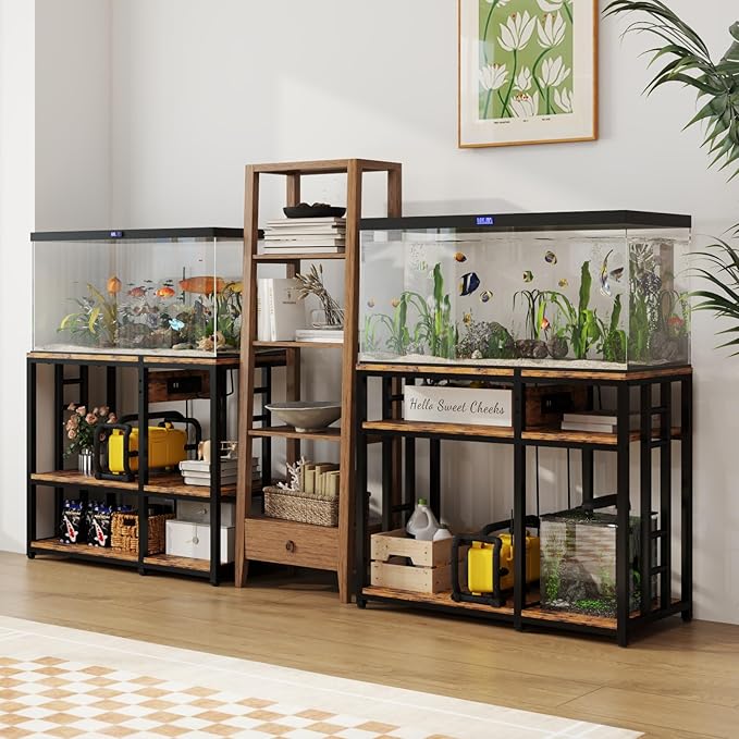 Reinforced 40-50 Gallon Aquarium Stand with Power Outlet | Ultra-Stable 750LBS Capacity Metal Fish Tank Stand for Reptile/Aquatic Setups, 5-Tier Adjustable 37"x19" Steel Shelving System