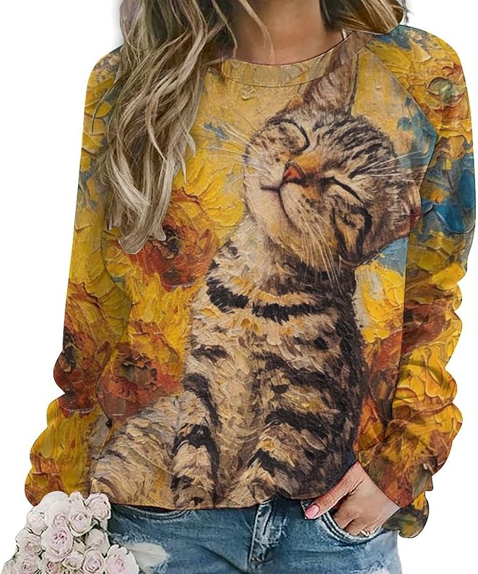 Long Sleeve Shirts for Women Cat Oil Painting Shirt 3D Graphic Sweatshirts Fall Pullover Crewneck Vintage Boho Tops