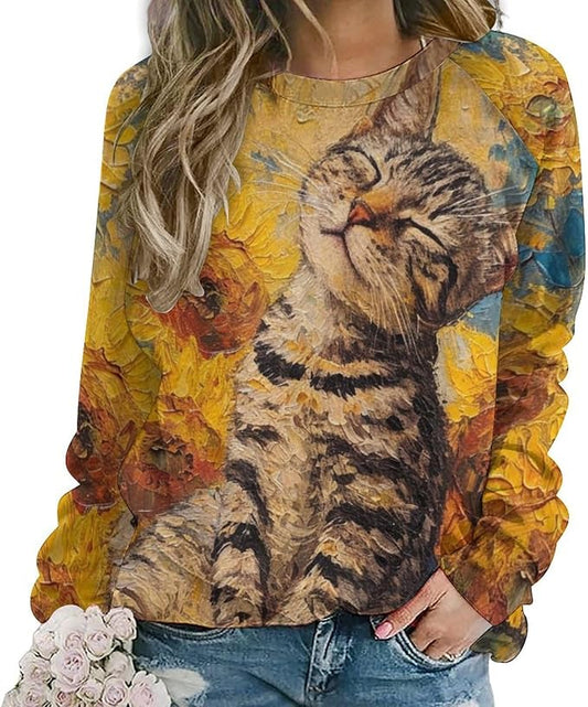 Long Sleeve Shirts for Women Cat Oil Painting Shirt 3D Graphic Sweatshirts Fall Pullover Crewneck Vintage Boho Tops