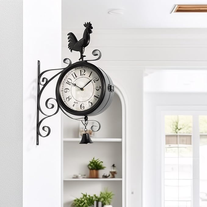 Outdoor Post Clock with Interchangeable Rooster Bird and Bear Accessories, Double-Sided Hanging Farmhouse Iron Clock with Bell for Outdoor Garden Porch and Indoor Decor 13x18