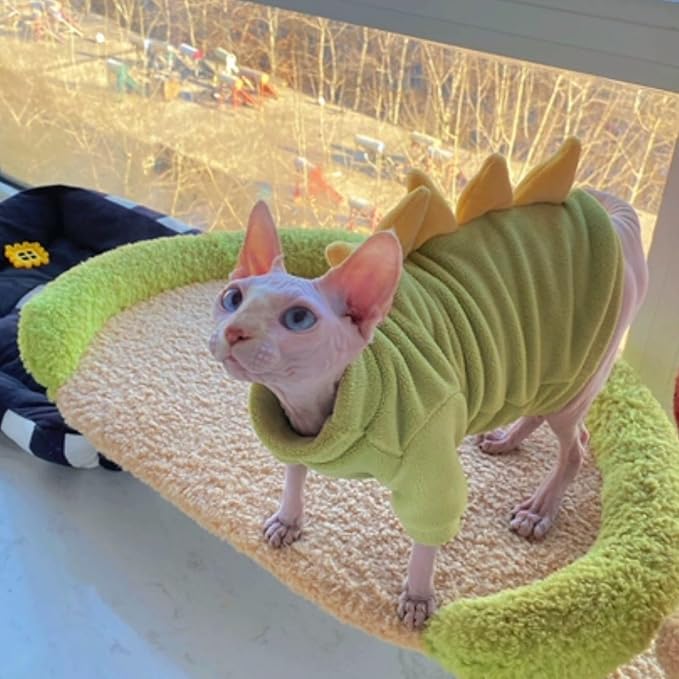 Dinosaur Sphynx Cat Clothes, Soft Polar Fleece Sweater for Cat, Elastic Pet Clothes Thick Winter Warm Outfit for Hairless Cat, Devon, Cornish, Small Dogs Apparel with Sleeves (Green, XX-Large)