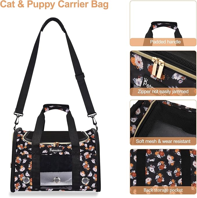Petmolico Cat Carrier Dog Carrier, Airline Approved Soft Pet Travel Carrier with 3 Open Doors Mesh Windows for Cats Puppy 16 lbs(Large,Orange Flower)