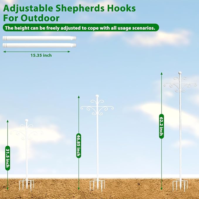 Bird Feeder Pole for Outdoors Heavy Duty Squirrel Proof, 2 Pack 63 Inch Adjustable Tall Shepherds Hooks for Outdoor with 7 Prongs Base, Double Shepherd Hooks (2 Pack White, 63 Inch)