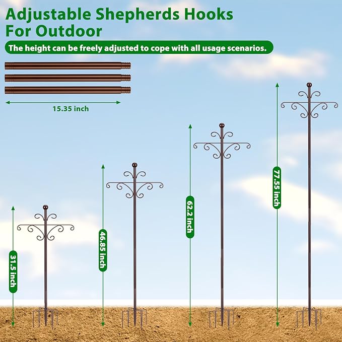 Bird Feeder Pole for Outdoors Heavy Duty Squirrel Proof, 2 Pack 76 Inch Adjustable Tall Shepherds Hooks for Outdoor with 7 Prongs Base, Double Shepherd Hooks (2 Pack Copper, 76 Inch)