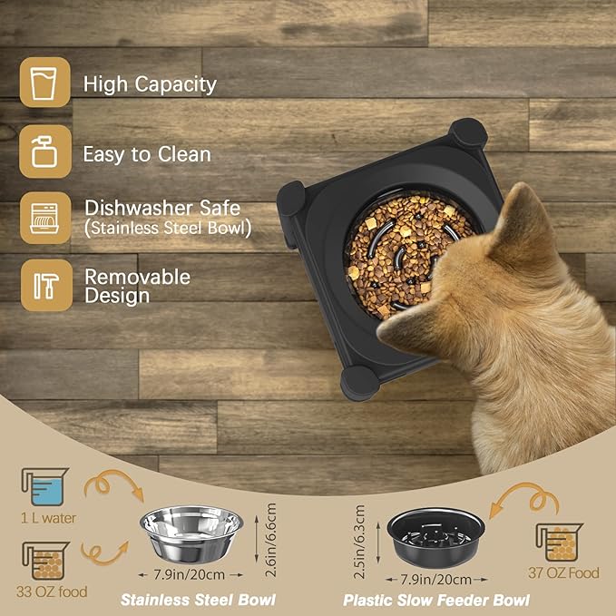 Lewondr Elevated Slow Feeder Dog Bowls, Raised Dog Food Bowls with 3 Heights (6.1", 7.7", 9.3") Adjustable Slow Feeder Bowl Non-Slip Bowl Stand for Medium Large Breed, Dishwasher Safe