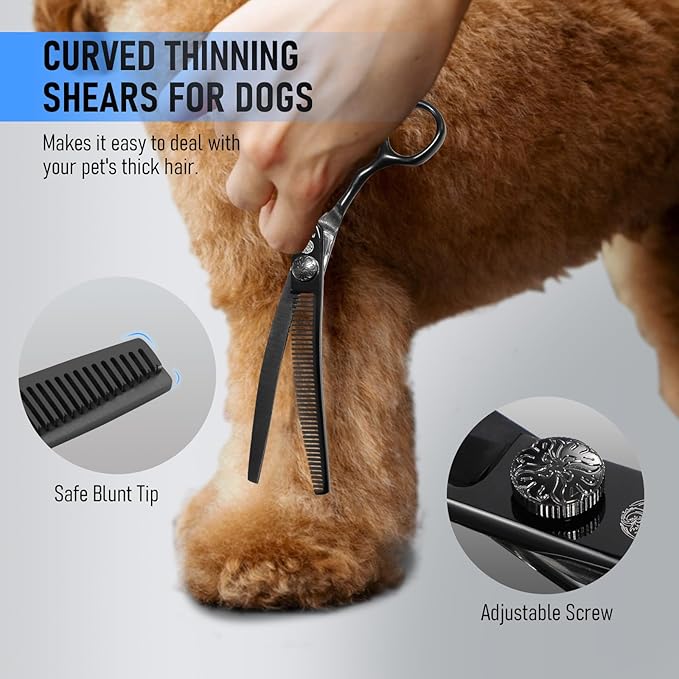 Purple Dragon Dog Grooming Scissors Set - Curved Thinning, Straight, Up & Down Curved Scissors and Comb, 7 Inch Black Shears with Adjustable Screw for Dogs and Cats