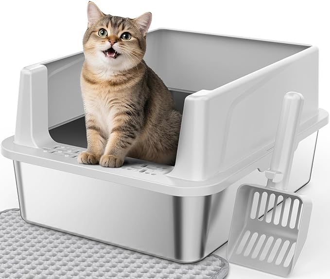 FURTIME Stainless Steel Cat Litter Box with Lid – High-Sided Metal Litter Pan for Small Cats, Kitty Litter Box Non-Stick, Odor-Resistant, Anti-Urine Leakage, Easy to Clean, Includes Scoop and Mat