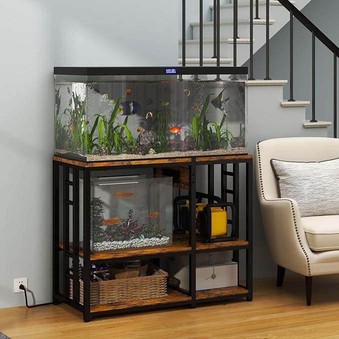 Reinforced 40-50 Gallon Aquarium Stand with Power Outlet | Ultra-Stable 750LBS Capacity Metal Fish Tank Stand for Reptile/Aquatic Setups, 5-Tier Adjustable 37"x19" Steel Shelving System