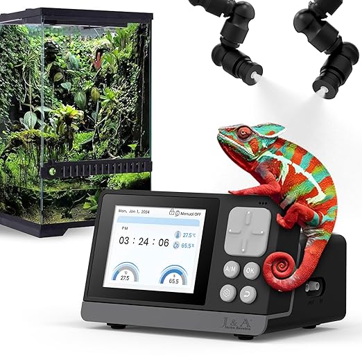 J&A Smart Reptile Mister, Automatic Misting System for Tanks - Programable Timer with Temperature/Humidity Probe, Ideal for Reptile Habitat (Black)