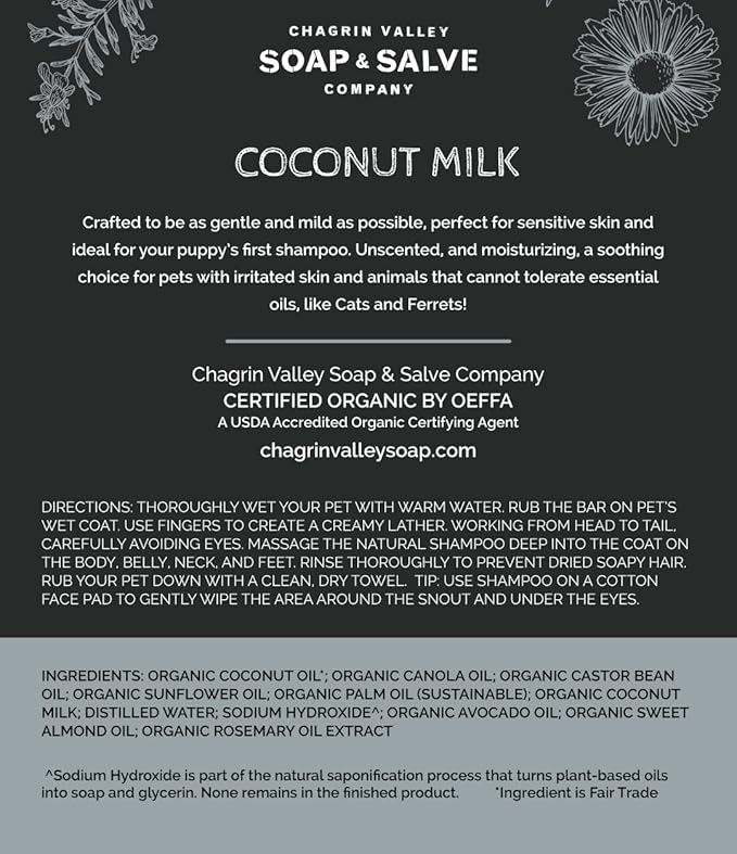 Chagrin Valley Soap & Salve Certified Organic Dog Shampoo and Conditioner – Dog Shampoo Itchy Skin Relief and Puppy Essentials - Natural Handmade Coconut Milk, 3.8 oz Bar