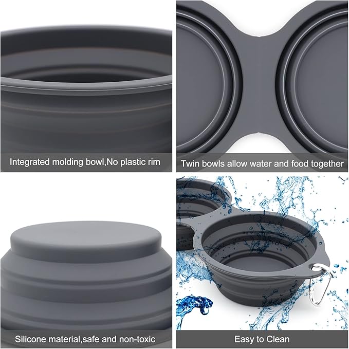 SLSON Collapsible Dog Bowls,Integrated Molding Dog Double Bowl No Plastic Rim 2 in 1 Foldable Pet Food & Water Bowl Cat Feeder Dish for Walking,Hiking,Camping (Dark Grey)