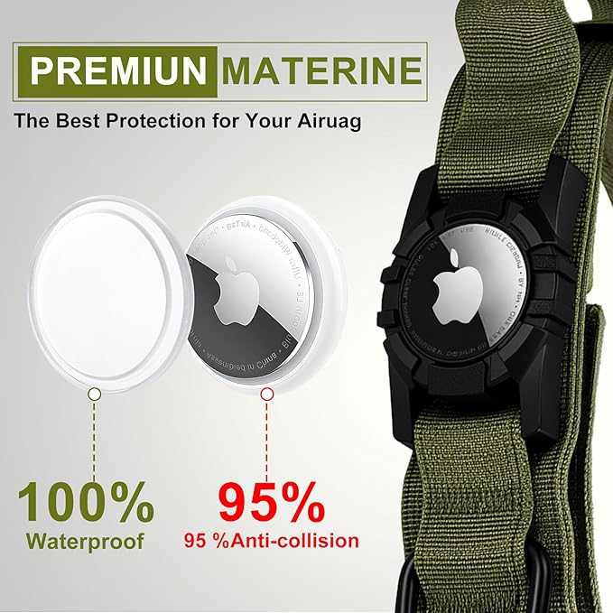 Tactical AirTag Dog Collar Leash Set - Heavy Duty, Adjustable GPS Collar Compatible with Apple AirTag, with Holder & Control Handle for Medium/Large Dogs [ Green, L ]