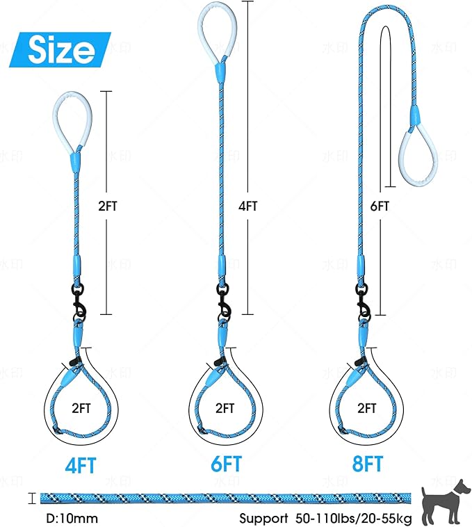 Detachable 2/5" Slip Lead, 4FT 6FT 8FT with Comfortable Silicone Handle Strong Rope Leash for Large Medium Small Dogs No Pull Highly Reflective Pet Training Leash (Blue-Black, 6FT)