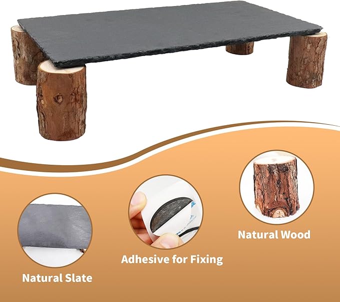 Bearded Dragon Basking Platform, Slate Rocks for Reptiles with Wooden Pile, Leopard Gecko Hides and Caves, Reptile Tank Accessories for Bearded Dragons, Geckos, Ball Pythons, Tortoise (Black, Large)