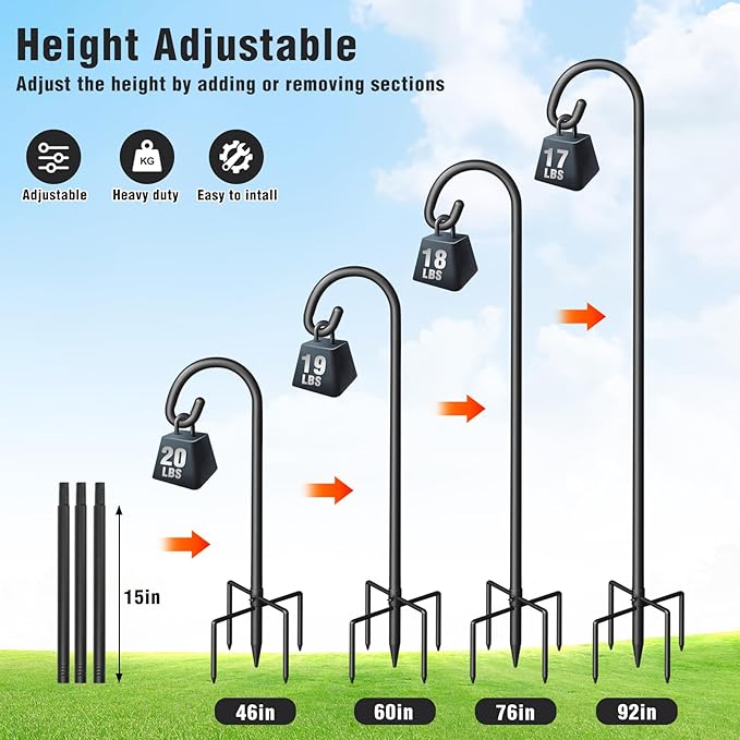 Shepherd Hook for Outdoor, Heavy Duty Bird Feeder Pole with 5 Prong Base, Adjustable Height Bird Feeder Stand Ideal for Hanging Bird Feeders, Plant, and Garden Decorations