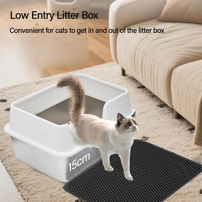 Enclosed High Sided Metal Stainless Steel Cat Litter Box with lid Scoop and Mats for Kittens or Medium Cats, Easy Clean Transparent Black Deep Tall Kitty Litter Box