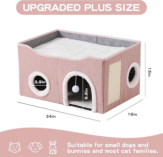 Large Cat Bed for Indoor Cats, Extra Wide Cat Cave House with Scratch Pad and Fluffy Ball, Foldable Cat Hideaway for Kitten Bed, Cat Condo for Cats (Pink, X-Large)