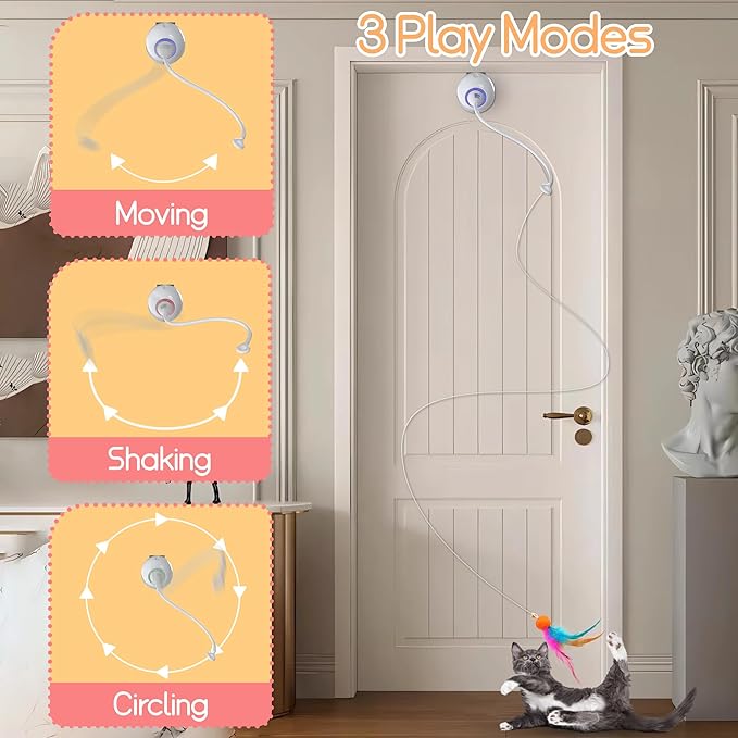 Cat Toys Interactive for Indoor, Cats Toy Hanging Door Electric for Bored, Feather Toy Kitten Rechargeable Door Hanging Automatic String with 4pcs Feather Toys, White