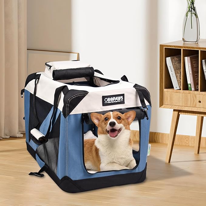 JESPET Soft Dog Crates Kennel for Pets, 3 Door Soft Sided Folding Travel Pet Carrier with Straps and Fleece Mat for Dogs, Cats(6-Lake Blue, Large(30" L x 21" W x 23" H))