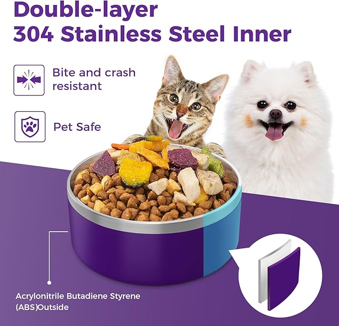 LIHONG Stainless Steel Dog Bowls for Small Medium Sized Dogs Non Slip,Insulated Dog Bowl,Pet Bowl for Food and Water,Rustproof(40oz,Purple)
