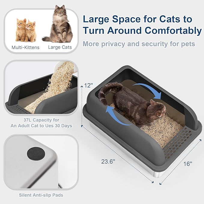 Stainless Steel Cat Litter Box with Enclosed Lid Extra Large Litter Box for Big Cats XL Metal Litter Tray Pan with High Sides Wall Enclosure, Easy Cleaning, Anti-Leakage, Non-Sticky (Charcoal Gray)