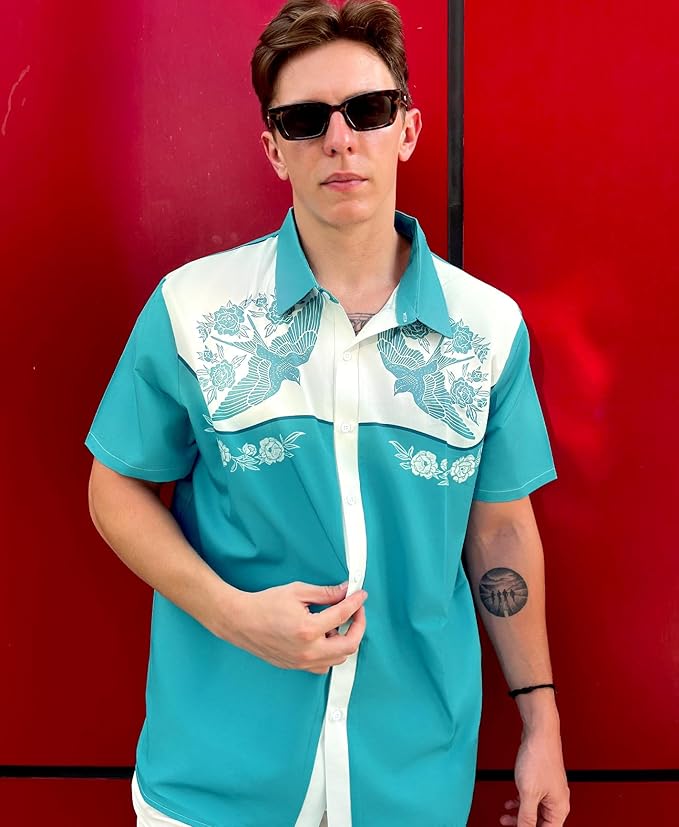 Men’s Hawaiian Shirt Western Cowboy Symmetrical Print Short Sleeve Button Down Casual Beach Holiday Summer Shirt