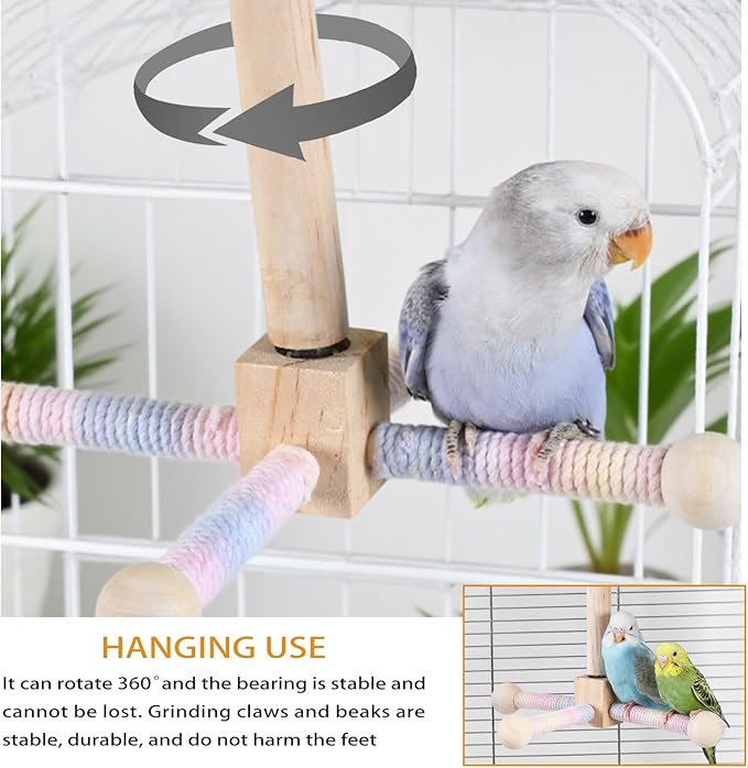 4-Piece Bird Toys for Parrots - 360° Rotating Wooden Perches for Cages, Interactive Bird Cage Accessories with Swing & Ladder, Suitable for Small-Medium Parrots, Parakeets, Cockatiels