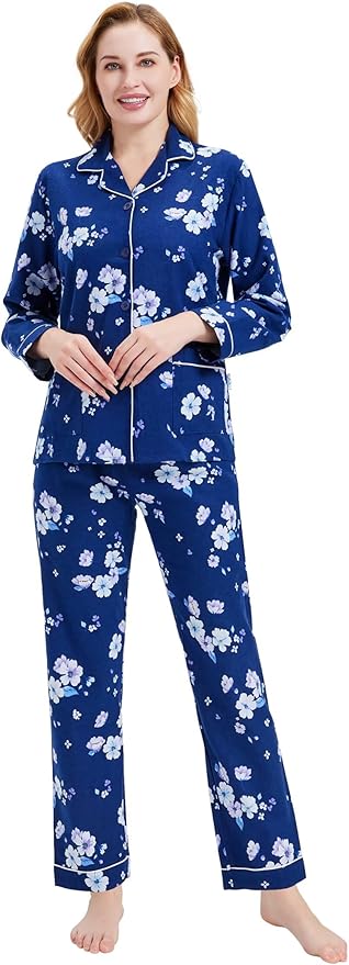 GLOBAL Flannel Pajamas for Women 2-Piece Comfy and Cozy Flannel Pj Set Cotton Loungwear