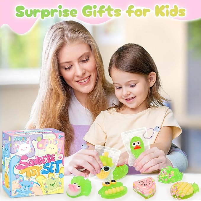 Squeeze Squishy Toys for Kids, 12Pcs Fruit Vegetables Sensory Fidget Toys, Easter Egg Fillers Party Favors Treasure Box Toys for Classroom Stress Relief Gifts Travel Cute Stuff for Boys Girls