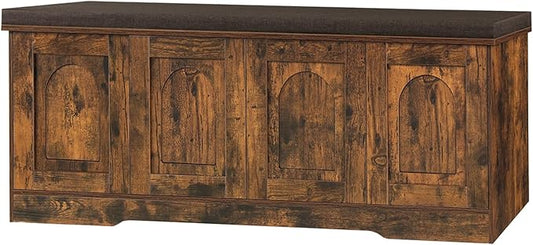 DINZI LVJ Shoe Bench, Entryway Storage Bench with Doors, Cushion, 2-Tier Shoe Rack with 8-Cubby, 47.2”L x 13.8”W Shoe Organizer Cabinet, Adjustable Shelf, Living Room, Bedroom, Rustic Brown