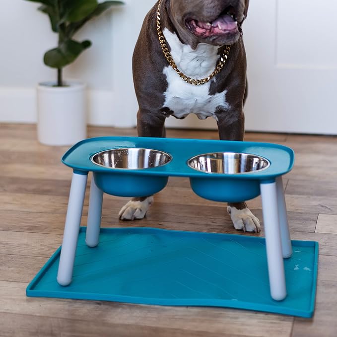 Messy Mutts Elevated Double Feeder with Stainless Bowls | Adjustable Height 3”, 5”, or 10” | Adjustable Standing Feeder for Dogs | 5 Cups per Bowl | Blue