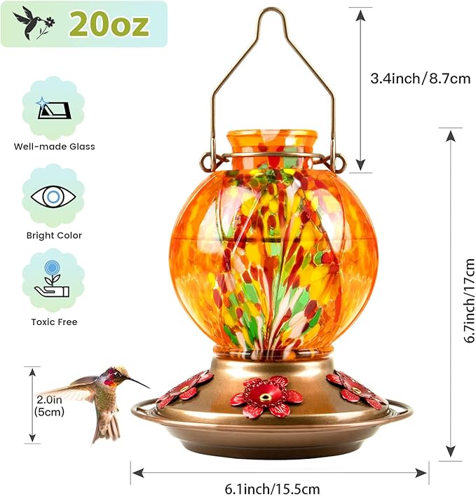 BOLITE Hummingbird Feeder, Hand Blown Glass Hummingbird Feeders for Outdoors Hanging, with Ant Moat and 5 Feeding Ports, 20 Ounces, Meshy Texture Ball Shape Bottle, Orange, Gifts for Women Men