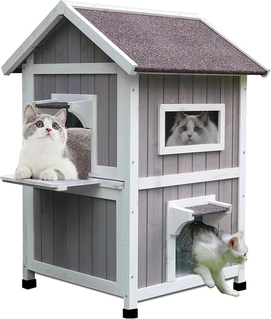 Rockever Outdoor Cat House, Large Outdoor Houses for Feral Cats Wooden Outside Cat Shelter Weatherproof with Escape Door
