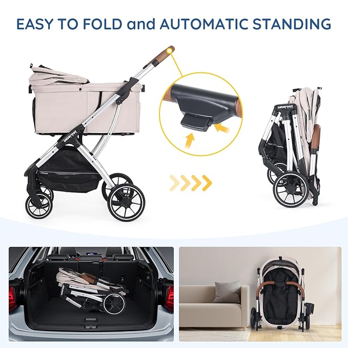 T5 Luxury Pet Stroller for Medium Dog Under 60lbs or 2 Small Dogs & Cats with 180 ̊Canopy, Sun Shades, Auto-Folding Stroller for Multiple Pets（Beige）