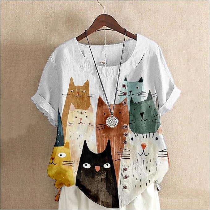 Japanese Print Women Summer Shirts Flower Bird Graphic Plus Size Tunic Tops Crewneck Short Sleeve Blouses