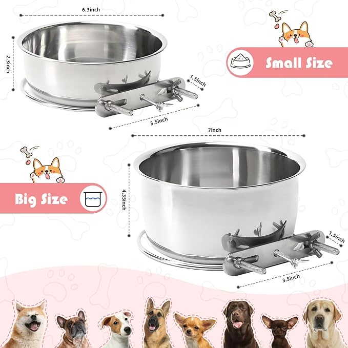 Large 2 Packs Hanging Water Bowls for Dog Crate Stainless Steel Kennel Water Bowl No Spill Adjustable Dog Water Dish for Medium Large Dogs Huge Pets (7.1 * 4.3”& 6.3 * 2.3”)