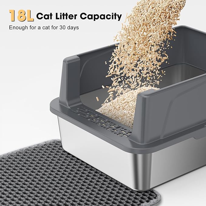 FURTIME Stainless Steel Cat Litter Box with Lid – High-Sided Metal Litter Pan for Small Cats, Kitty Litter Box Non-Stick, Odor-Resistant, Anti-Urine Leakage, Easy to Clean, Includes Scoop and Mat