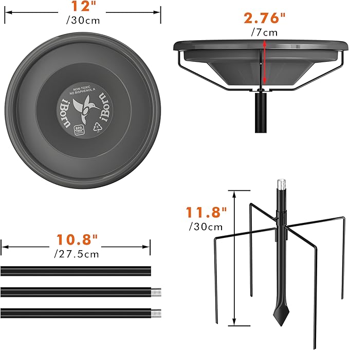 iBorn Bird Bath for Outside,36″ Freestanding Bird Bath with 3 Adjustable Height Pole,12″ BPA-Free Plastic Bowl,5-Prongs Base,Metal Pole and Plastic Bird Bath Bowl,Gray,1 Pack（Not Include Fountain）