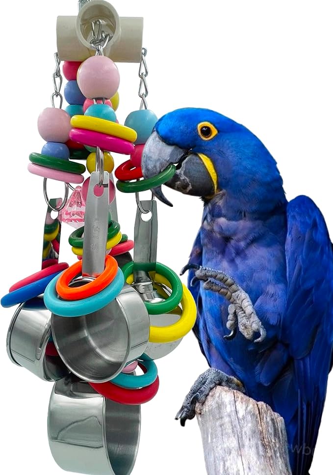 Metallic Pots and Multicolored Ring Strings Toys, Pullable 5 Stainless Steel Cups and Wooden Ring Toys for Large and Extra Large Parrot Amazons Macaws African Greys Cockatoos Eclectus