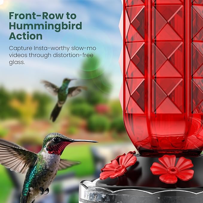 MrCrafts 2Pcs Window Hummingbird Feeder 16oz - Attract 8X More Hummingbirds with Red Diamond-Textured Glass, Ideal for Attracting Wild Birds Outdoor, Bird Watching Gift for Women & Nature Lovers