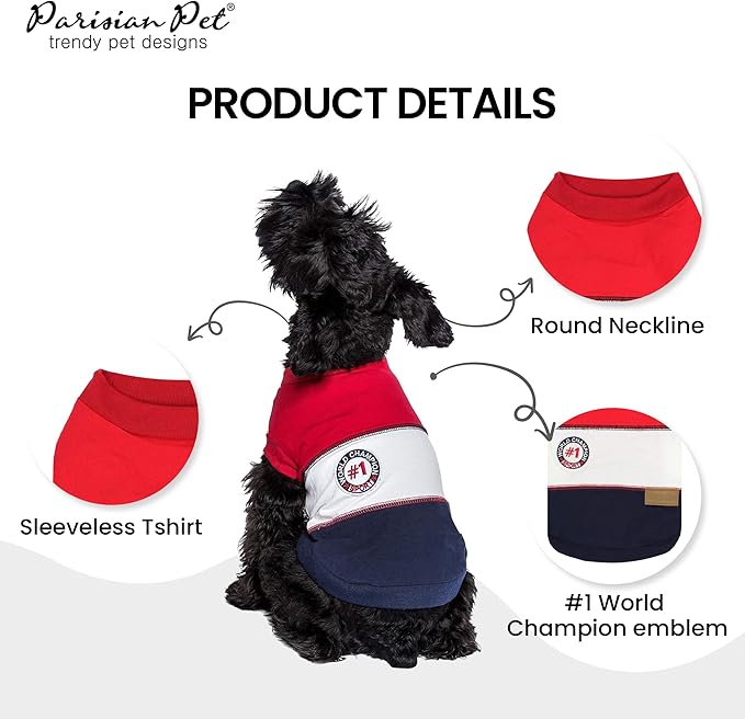 Parisian Pet Embroidered 'Worlds Champion' Dog Shirt - Lightweight Sleeveless Color Block Tee - Machine Washable for Small Dogs
